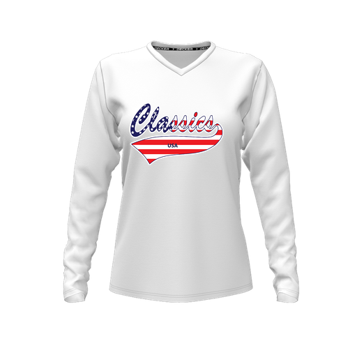 [CUS-DFW-TEES-CMF-VNK-LSL-WHT-FYXS-LOGO3] Comfort T-Shirt (Female Youth XS, White, V Neck, Logo 3, Long Sleeve)