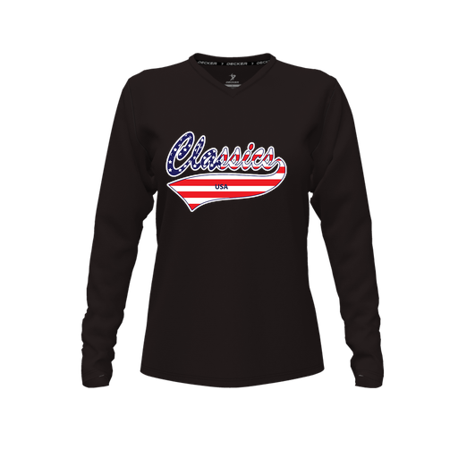 [CUS-DFW-TEES-CMF-VNK-LSL-BLK-FYXS-LOGO3] Comfort T-Shirt (Female Youth XS, Black, V Neck, Logo 3, Long Sleeve)