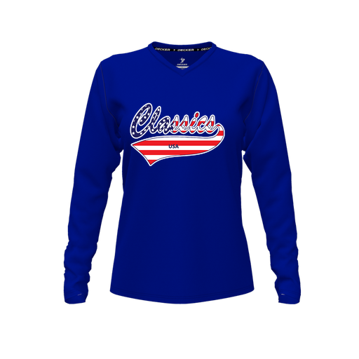 [CUS-DFW-TEES-CMF-VNK-LSL-RYL-FYXS-LOGO3] Comfort T-Shirt (Female Youth XS, Royal, V Neck, Logo 3, Long Sleeve)