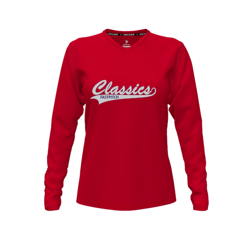 [CUS-DFW-TEES-CMF-VNK-LSL-RED-FYXS-LOGO1] Comfort T-Shirt (Female Youth XS, Red, V Neck, Logo 1, Long Sleeve)