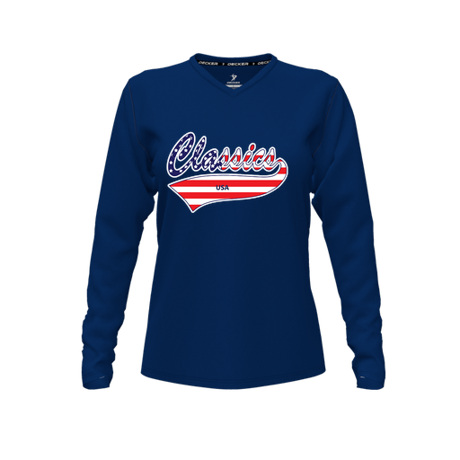 [CUS-DFW-TEES-PER-VNK-LSL-NVY-FYXS-LOGO3] Performance T-Shirt (Female Youth XS, Navy, V Neck, Logo 3, Long Sleeve)