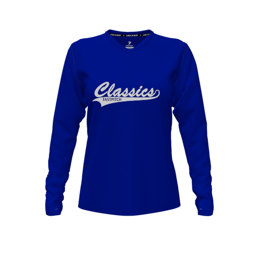 [CUS-DFW-TEES-PER-VNK-LSL-RYL-FYXS-LOGO1] Performance T-Shirt (Female Youth XS, Royal, V Neck, Logo 1, Long Sleeve)