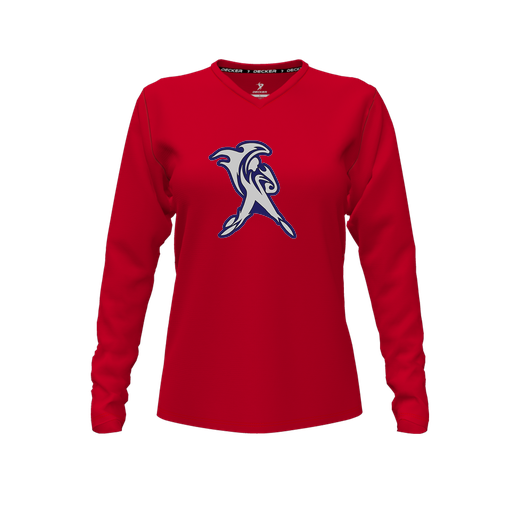 [FTLVPTRD-FYXS-LOGO2] Decker Performance T-Shirt (Female Youth XS, Red, V Neck, Logo 2, Long Sleeve)