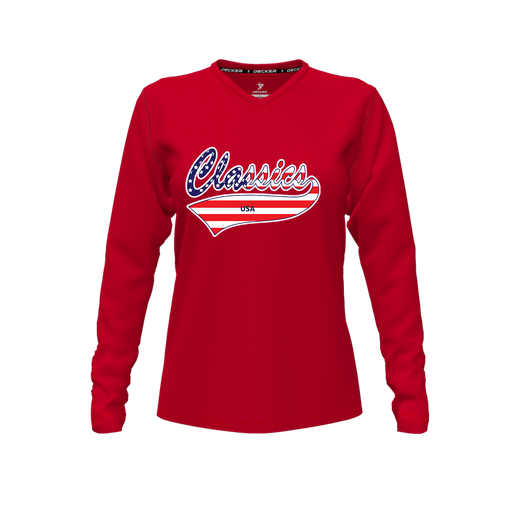 [CUS-DFW-TEES-PER-VNK-LSL-RED-FYXS-LOGO3] Performance T-Shirt (Female Youth XS, Red, V Neck, Logo 3, Long Sleeve)