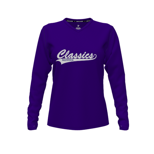 [CUS-DFW-TEES-PER-VNK-LSL-PUR-FYXS-LOGO1] Performance T-Shirt (Female Youth XS, Purple, V Neck, Logo 1, Long Sleeve)