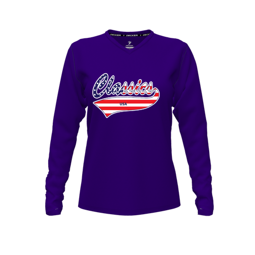 [CUS-DFW-TEES-PER-VNK-LSL-PUR-FYXS-LOGO3] Performance T-Shirt (Female Youth XS, Purple, V Neck, Logo 3, Long Sleeve)
